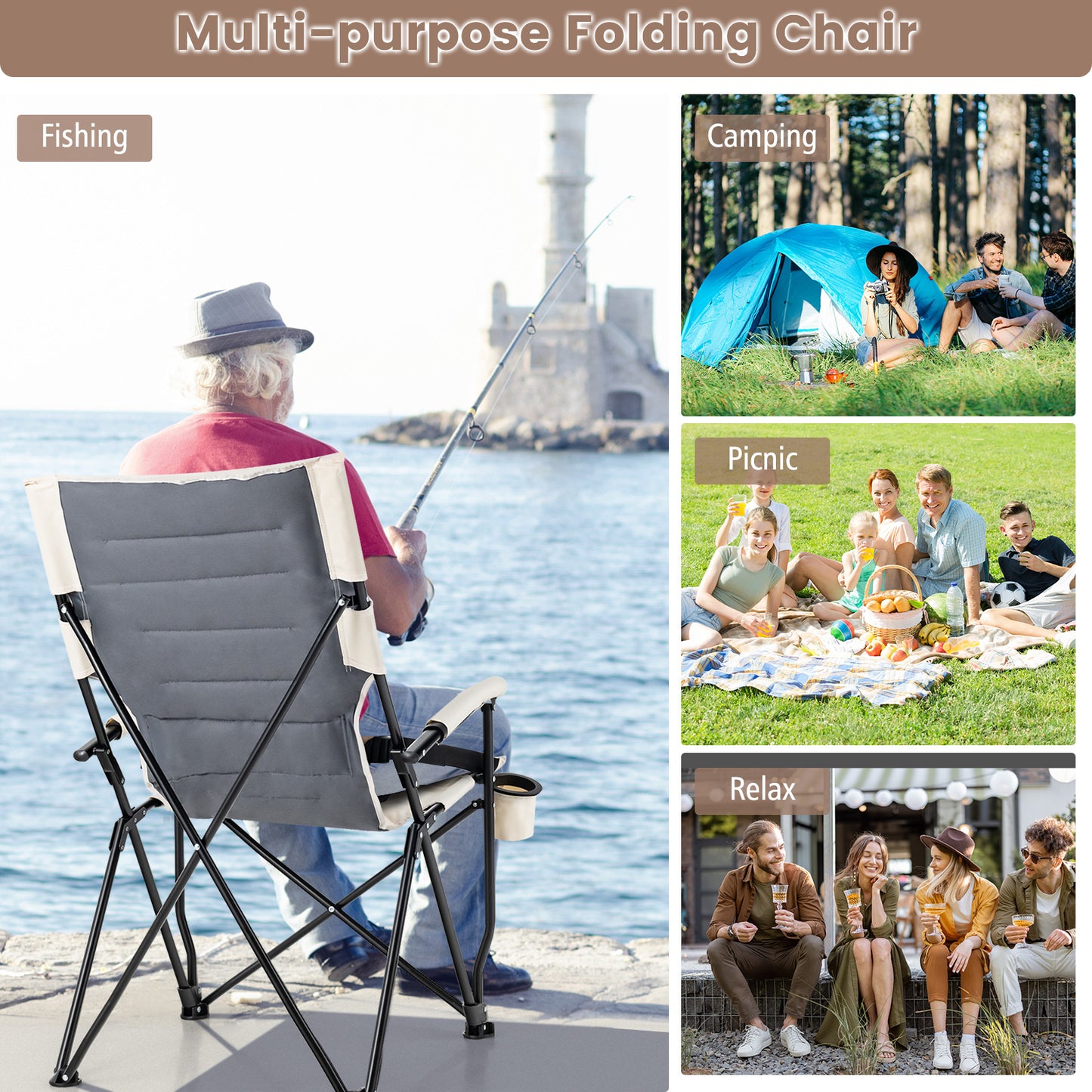 Folding Camping Chair with Cup Holder Armrest and Lumbar Pillow, Multicolor Camping Furniture at Gallery Canada