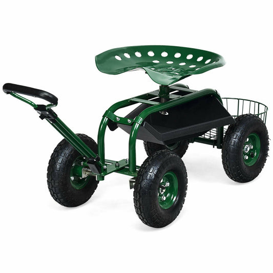 Heavy Duty Garden Cart with Tool Tray and 360 Swivel Seat, Green