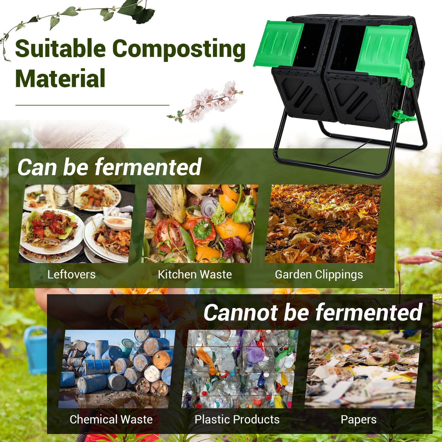 Dual Chamber Garden Compost Tumbler, Black & Green Garden Tools at Gallery Canada