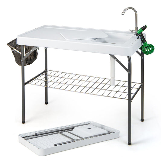 Portable Camping Fish Cleaning Table with Grid Rack and Faucet, Black & White