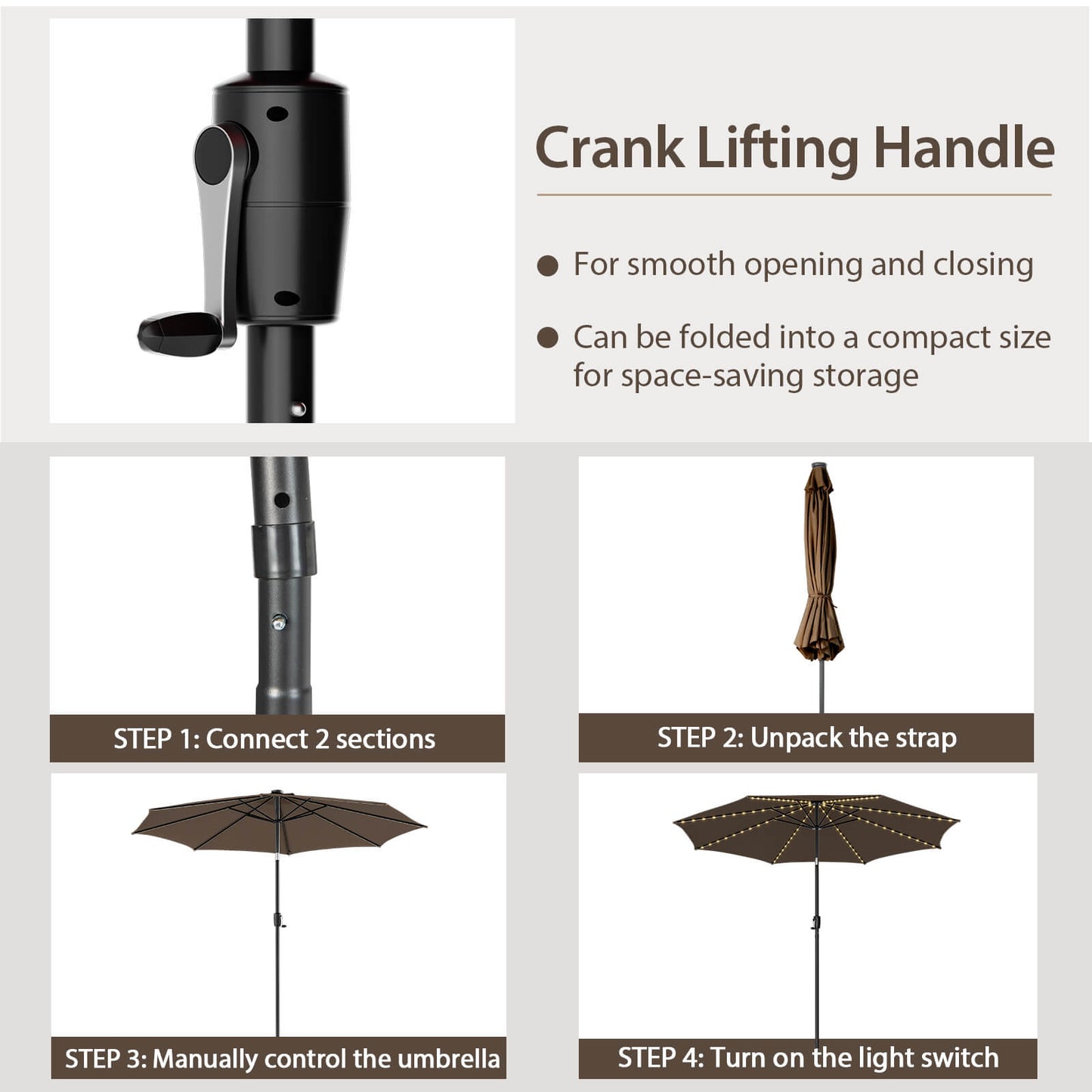 10 Feet Patio Umbrella, 112 Solar Lights, Crank Handle, Coffee Outdoor Umbrellas at Gallery Canada