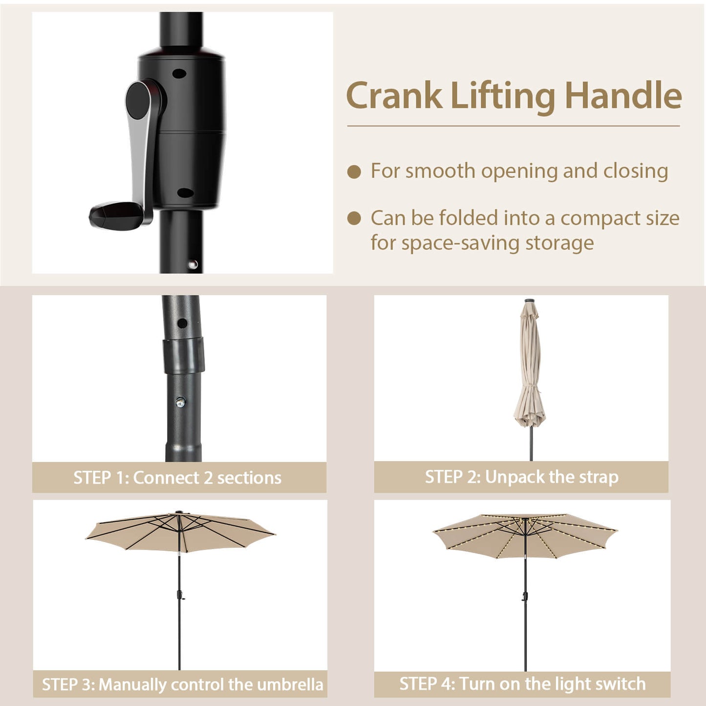 10 Feet Patio Umbrella, 112 Solar Lights, Crank Handle, Beige Outdoor Umbrellas at Gallery Canada
