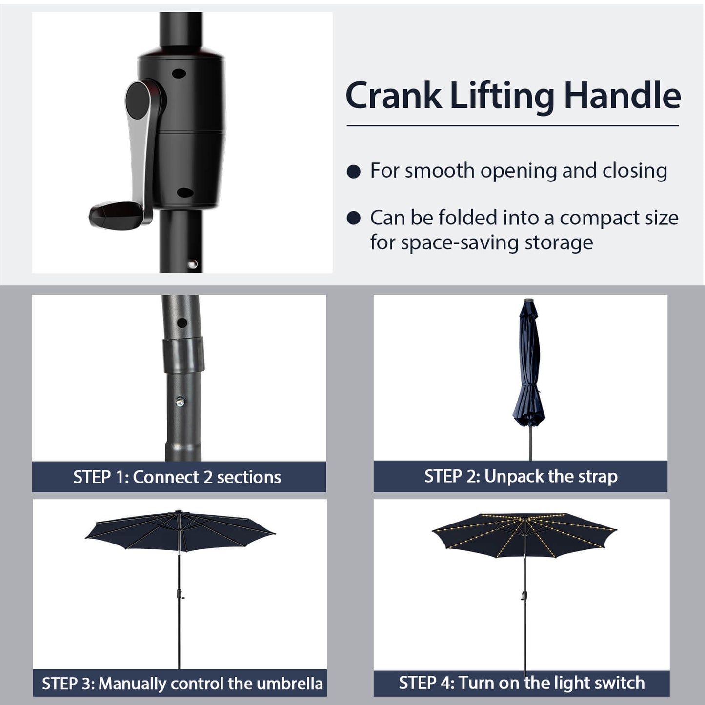 10 Feet Patio Umbrella, 112 Solar Lights, Crank Handle, Navy Outdoor Umbrellas at Gallery Canada