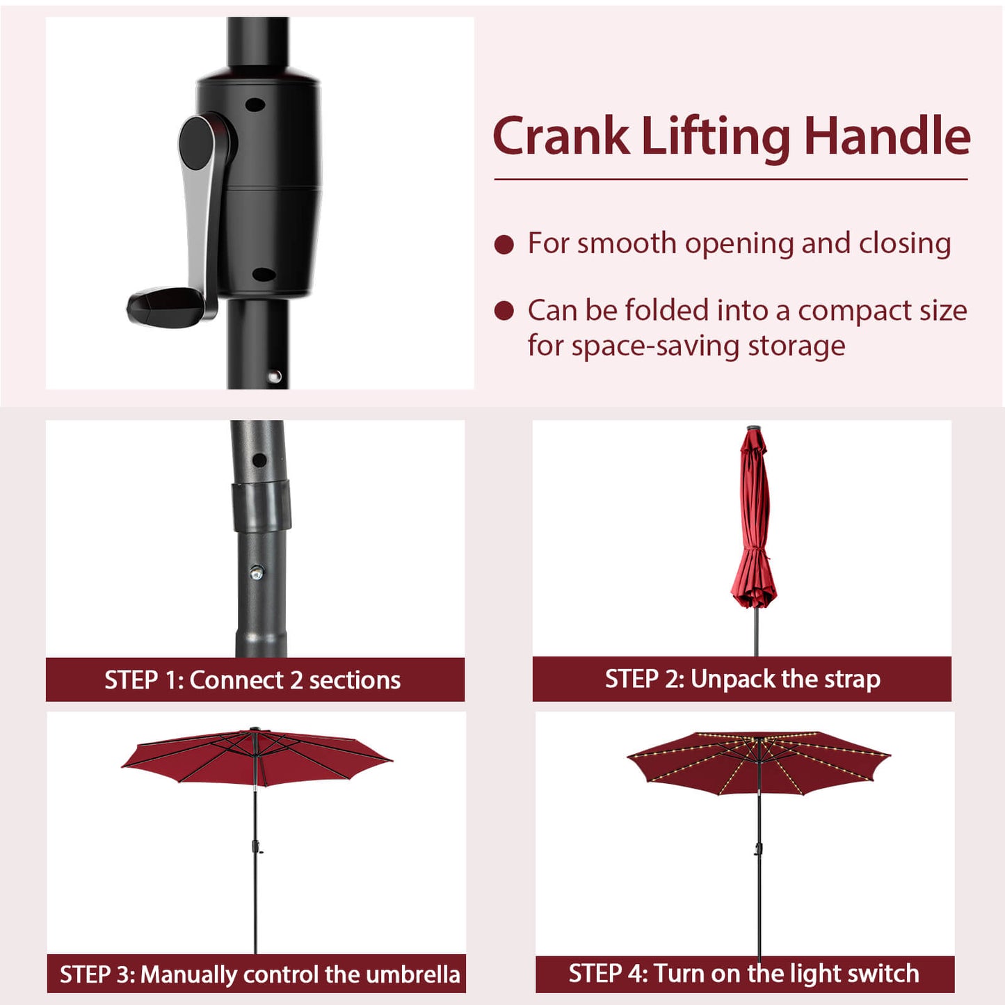 10 Feet Patio Umbrella, 112 Solar Lights, Crank Handle, Wine Outdoor Umbrellas at Gallery Canada