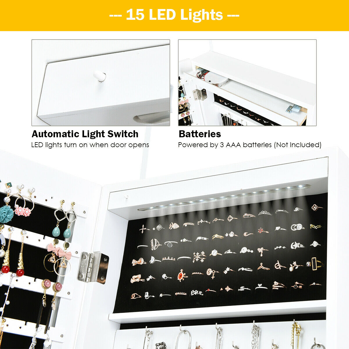 Lockable Armoire Jewelry Cabinet With LED Lights, White