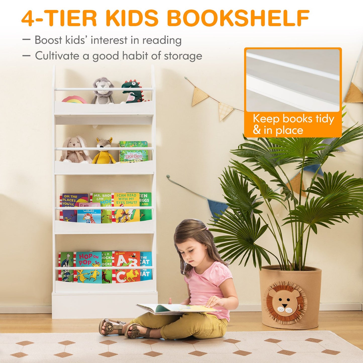 4-Tier Bookshelf with 2 Anti-Tipping Kits for Books and Magazines, White