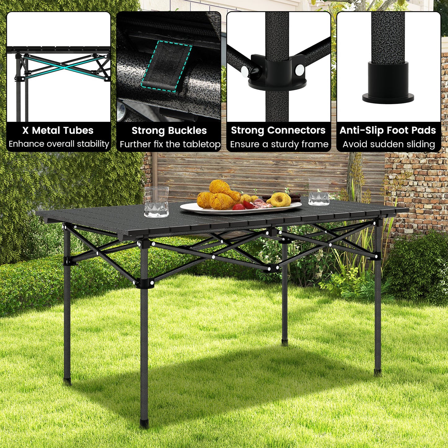 Aluminum Camping Table for 4-6 People with Carry Bag, Black