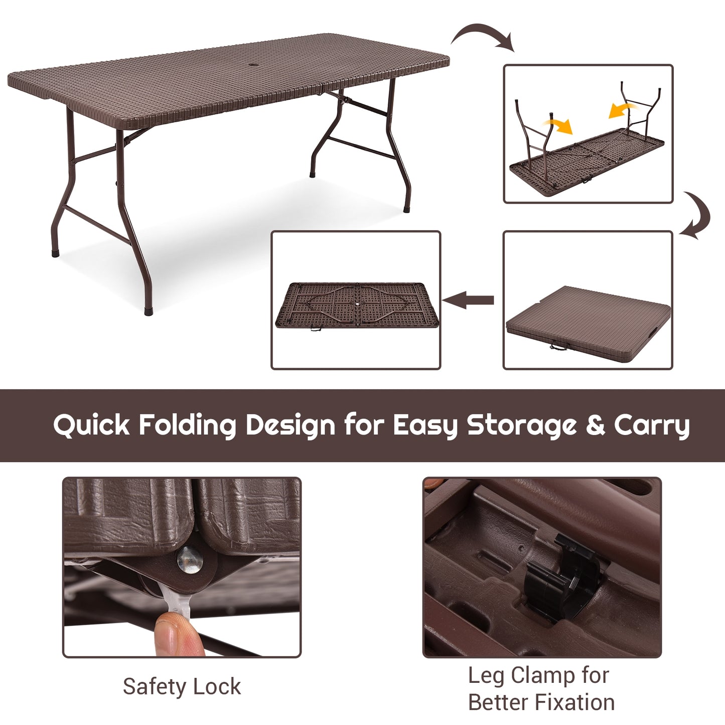 6 Feet Folding Portable Rattan Table, Brown Patio Coffee Tables at Gallery Canada