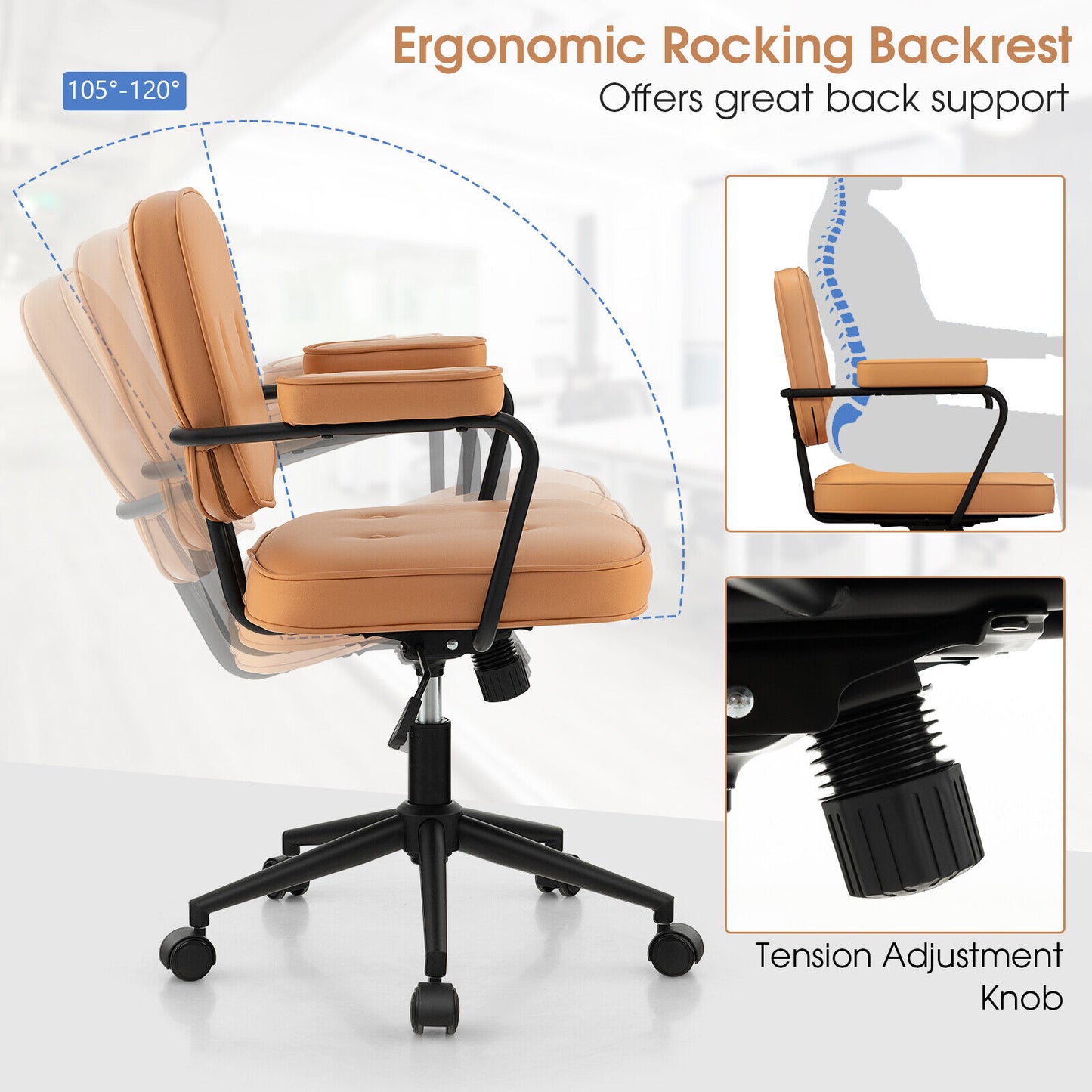 PU Leather Office Chair, Rocking Backrest, Ergonomic Armrest, Orange Leisure Chairs at Gallery Canada