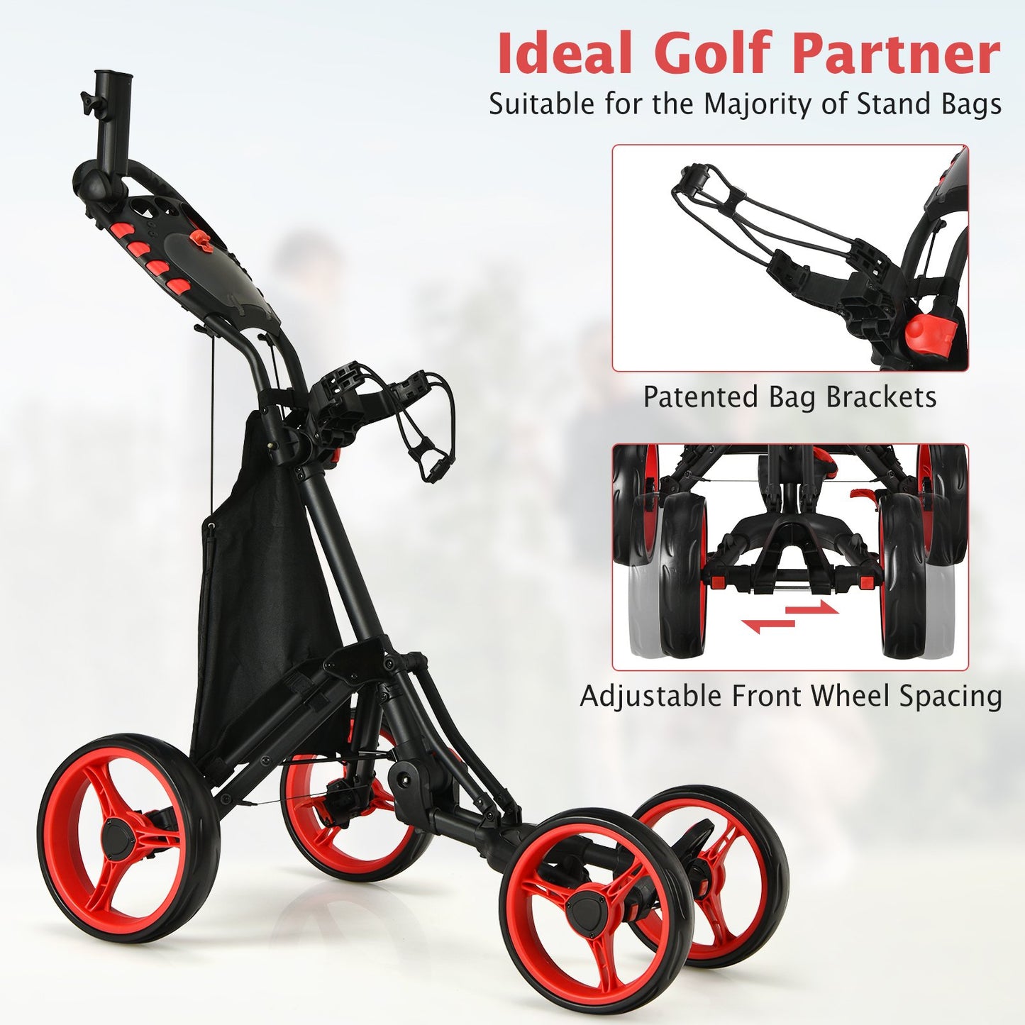 Lightweight Foldable Collapsible 4 Wheels Golf Push Cart, Red at Gallery Canada