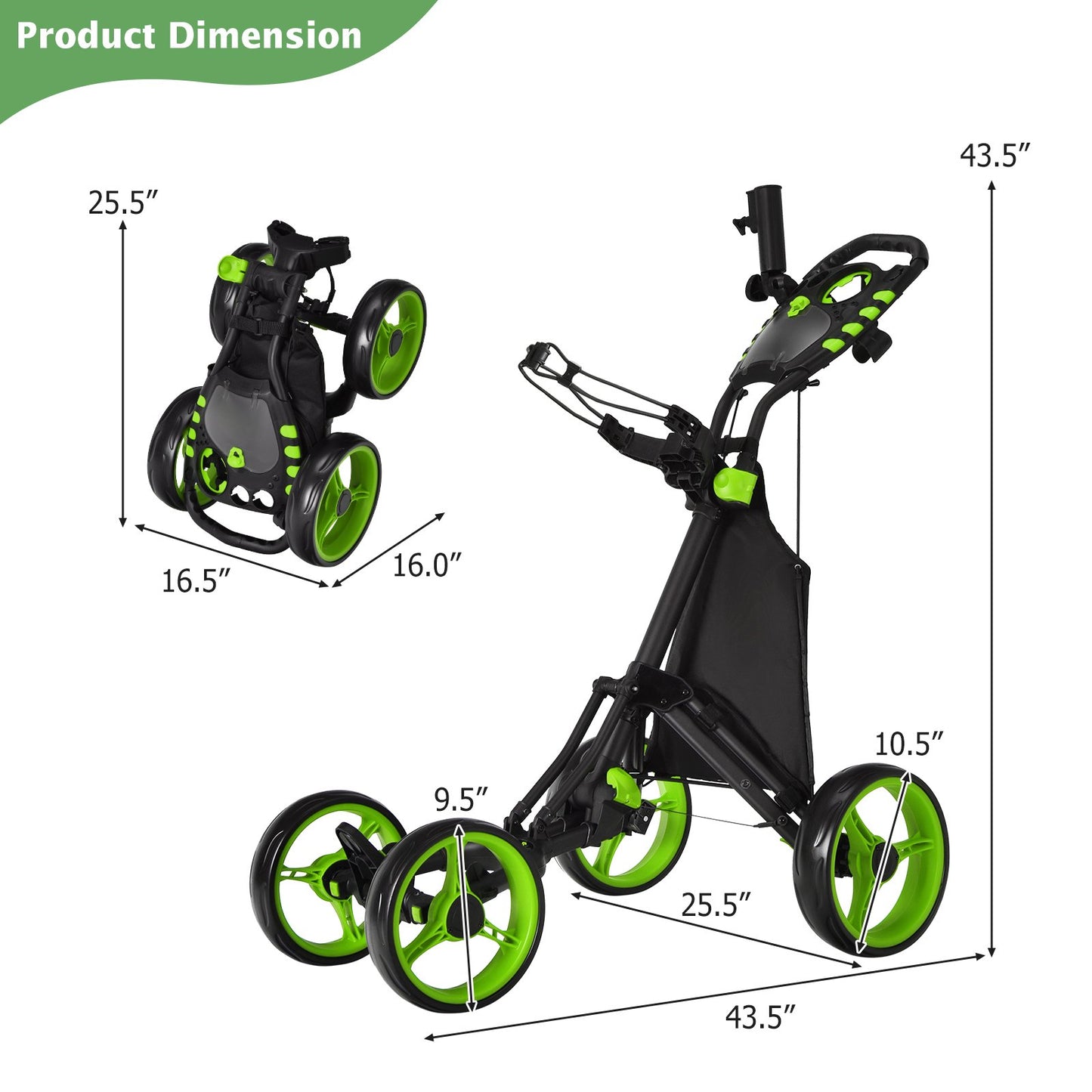 Lightweight Foldable Collapsible 4 Wheels Golf Push Cart, Green
