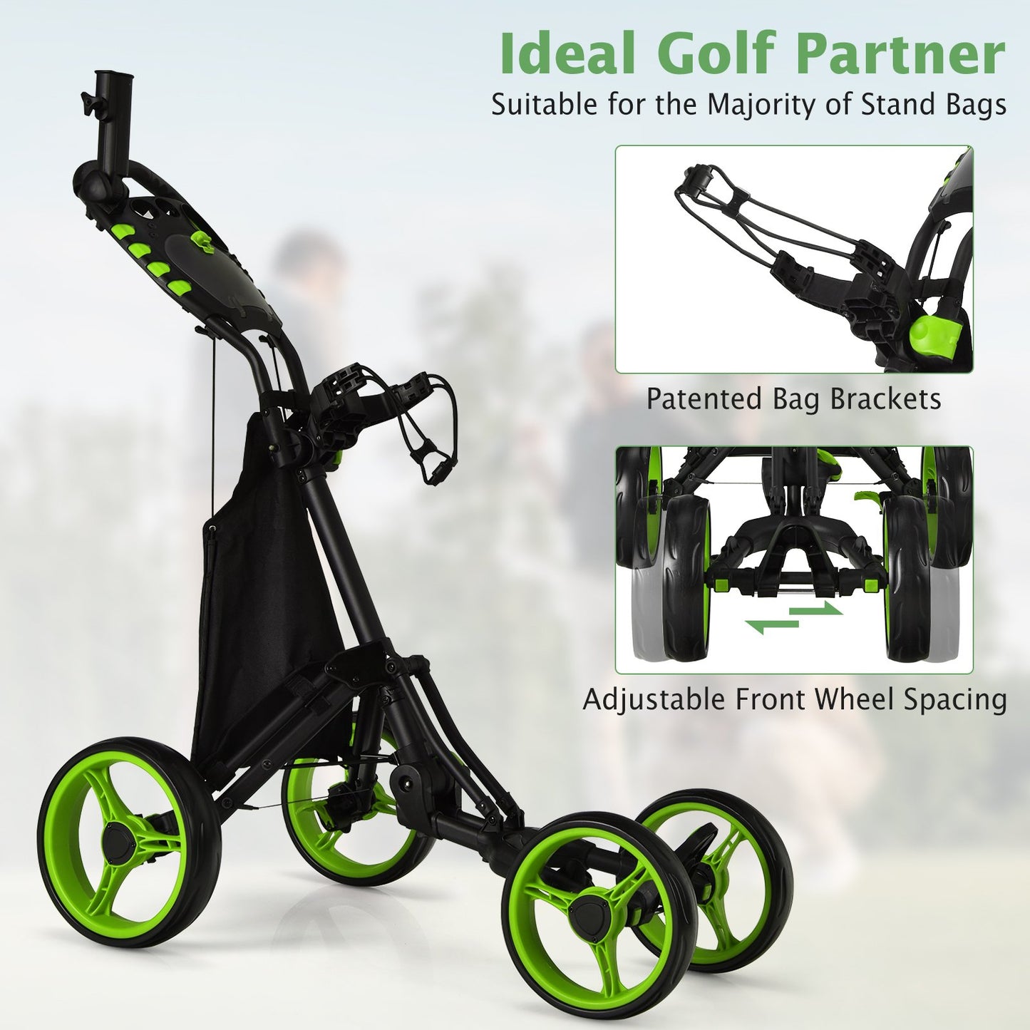 Lightweight Foldable Collapsible 4 Wheels Golf Push Cart, Green