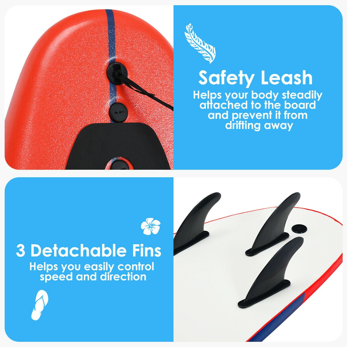 6 Feet Surfboard, 3 Detachable Fins, Red Surfing at Gallery Canada