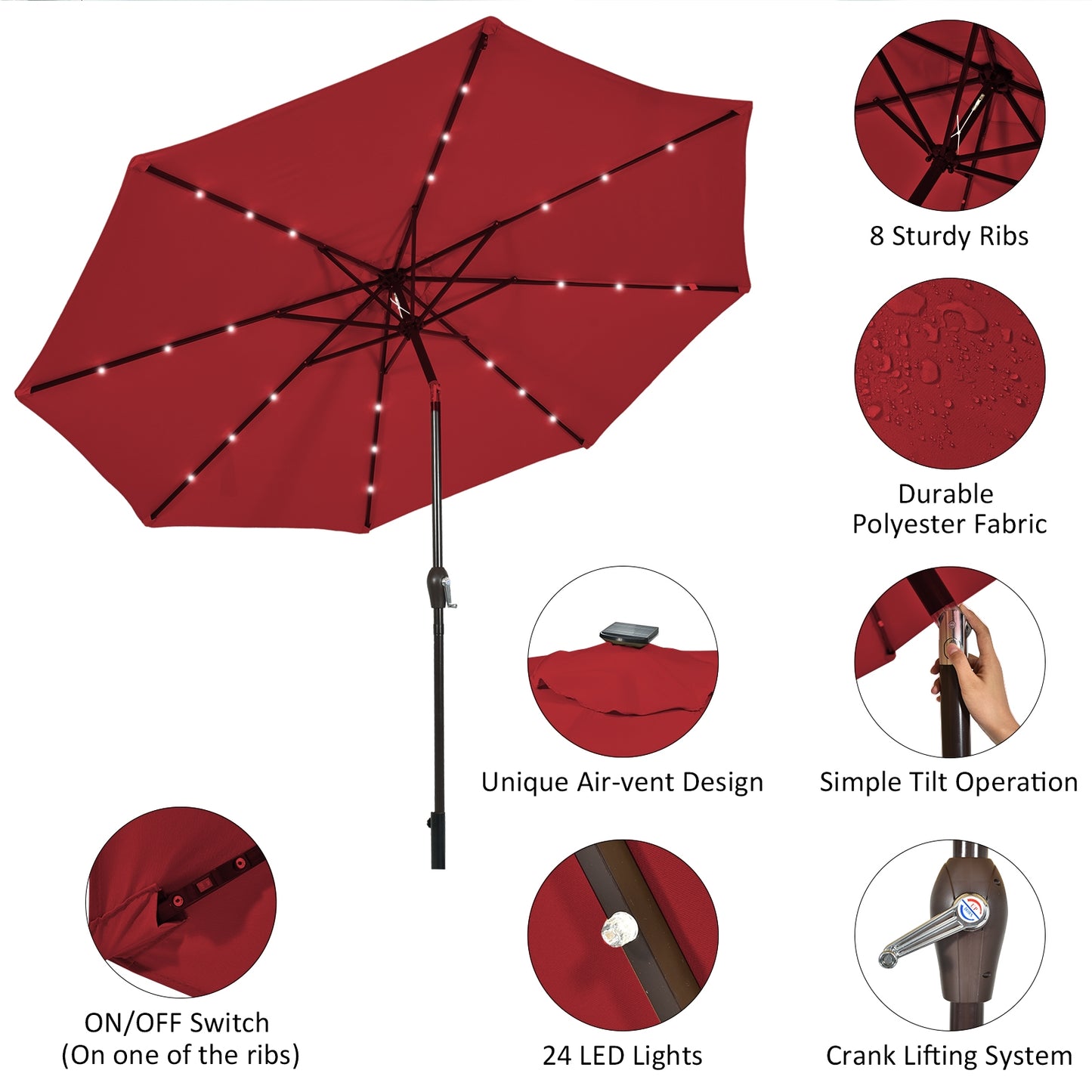 10' Solar LED Patio Umbrella, Tilt Crank, Dark Red Outdoor Umbrellas at Gallery Canada