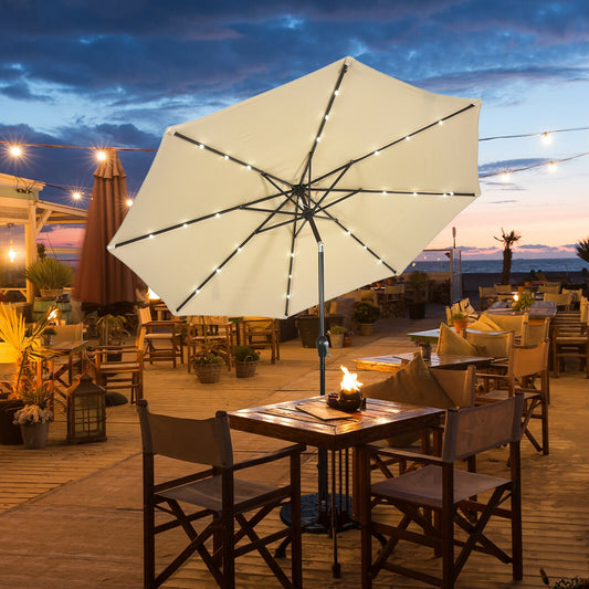 10' Solar LED Patio Umbrella, Tilt Crank, Beige Outdoor Umbrellas Beige at Gallery Canada