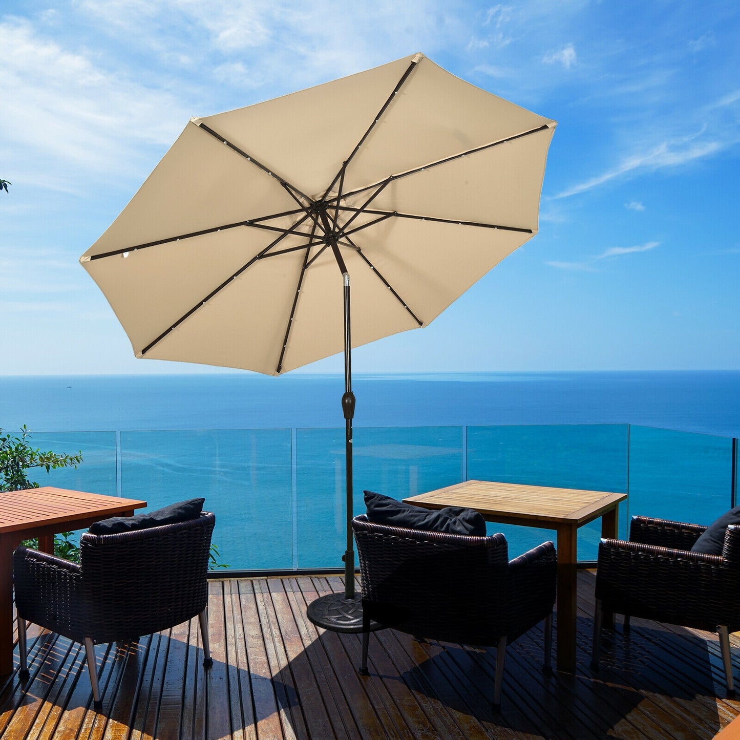 10' Solar LED Patio Umbrella, Tilt Crank, Beige Outdoor Umbrellas at Gallery Canada