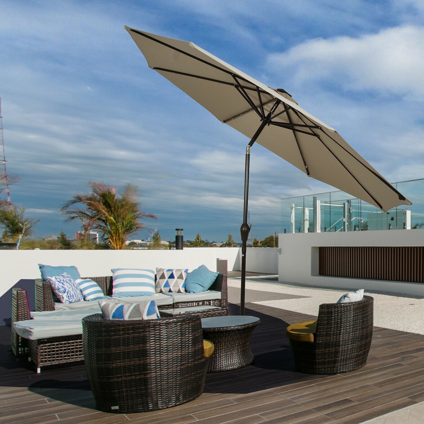 10' Solar LED Patio Umbrella, Tilt Adjustment Crank, Tan Outdoor Umbrellas at Gallery Canada