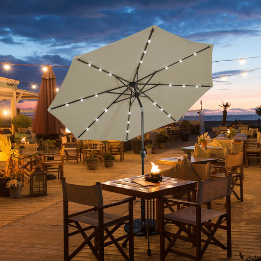 10' Solar LED Patio Umbrella, Tilt Adjustment Crank, Tan Outdoor Umbrellas Tan at Gallery Canada