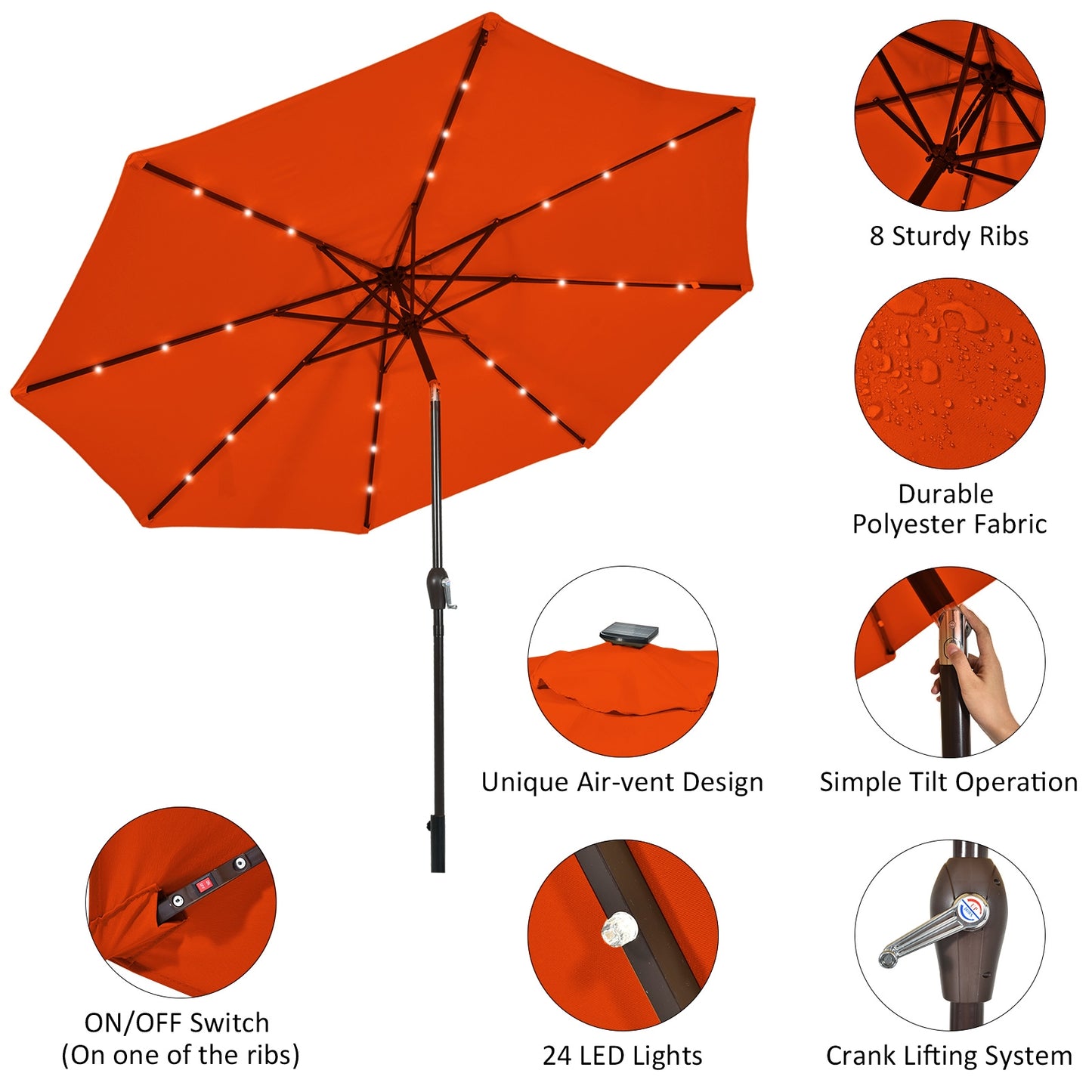 Parapluie de patio solaire LED 10', manivelle inclinable, orange