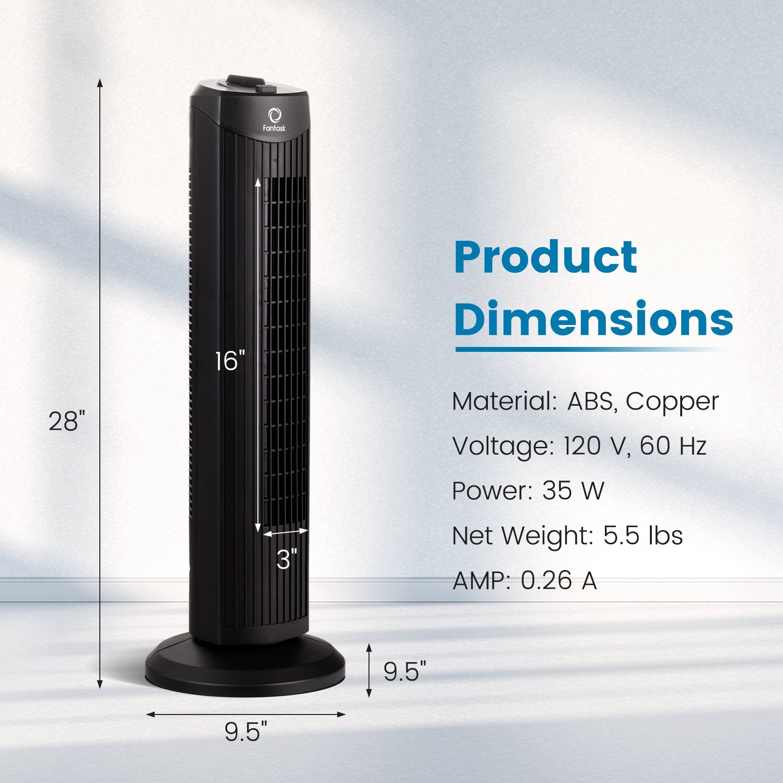 Fantask 35W 28 Inch Quiet Bladeless Oscillating Tower Fan, Black at Gallery Canada