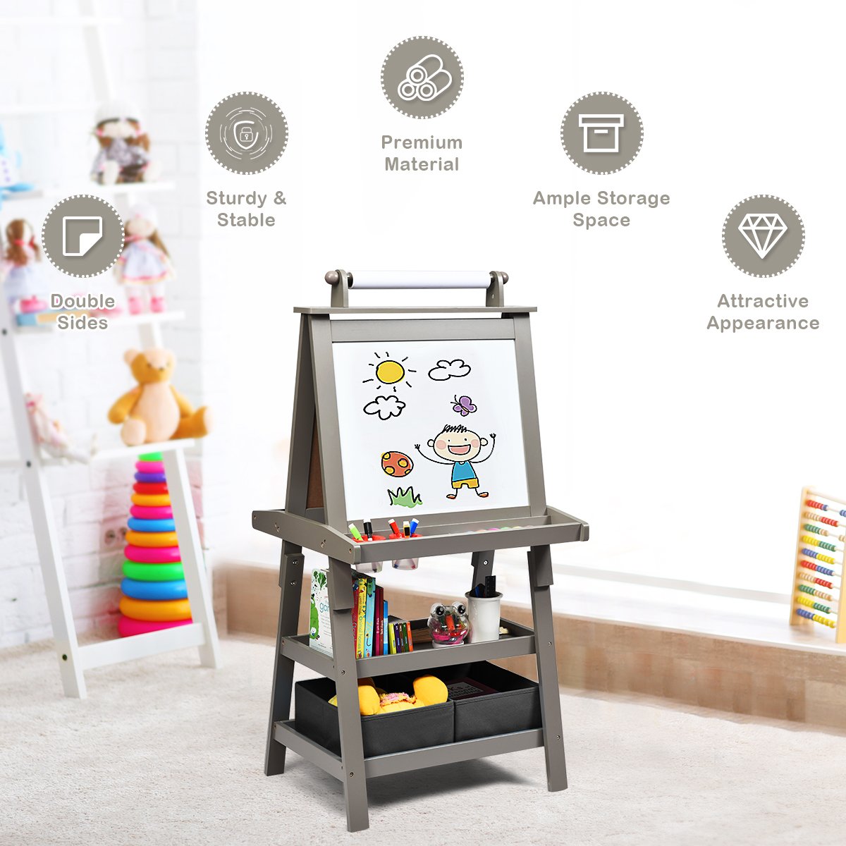 3 in 1 Double-Sided Storage Art Easel, Gray