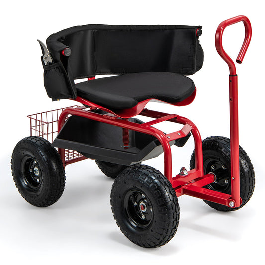 Cushioned Rolling Garden Cart Scooter with Storage Basket and Tool Pouch, Black & Red