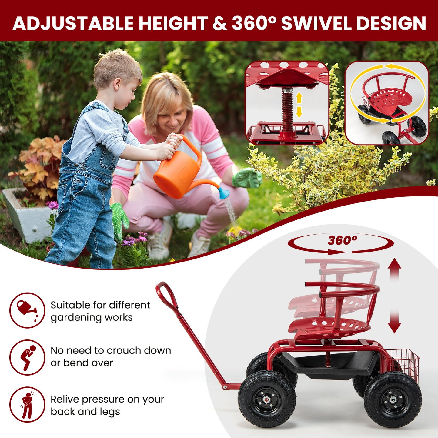 Cushioned Rolling Garden Cart Scooter with Storage Basket and Tool Pouch, Black & Red