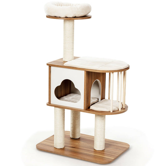 46 Inch Wooden Cat Activity Tree with Platform and Cushions, Brown at Gallery Canada