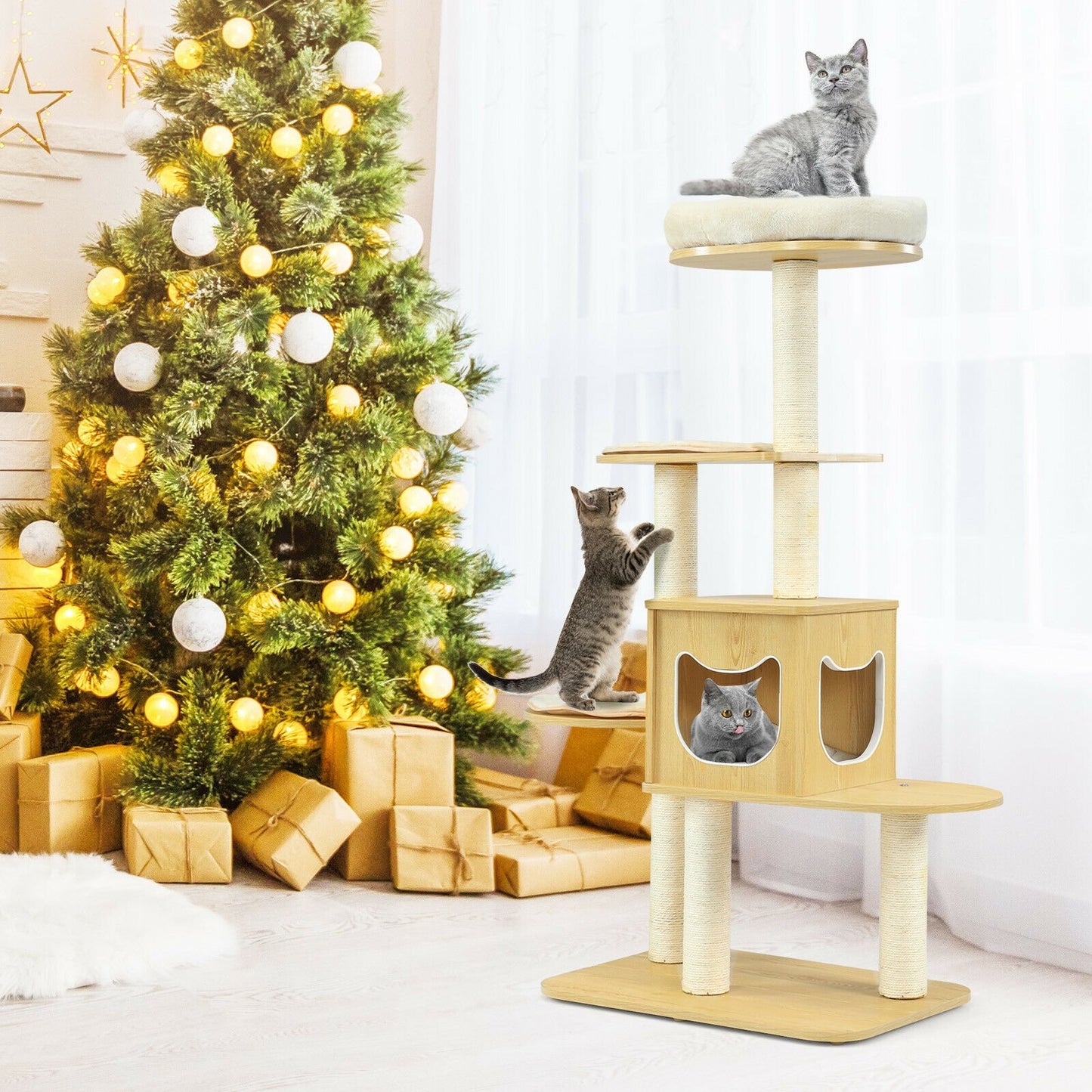 4 Levels Modern Wood Cat Tower with Washable Mats, Walnut