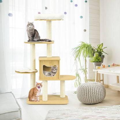 4 Levels Modern Wood Cat Tower with Washable Mats, Walnut