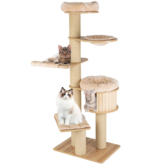 Modern Tall Cat Tree Tower with Scratch Posts and Washable Mats, Natural