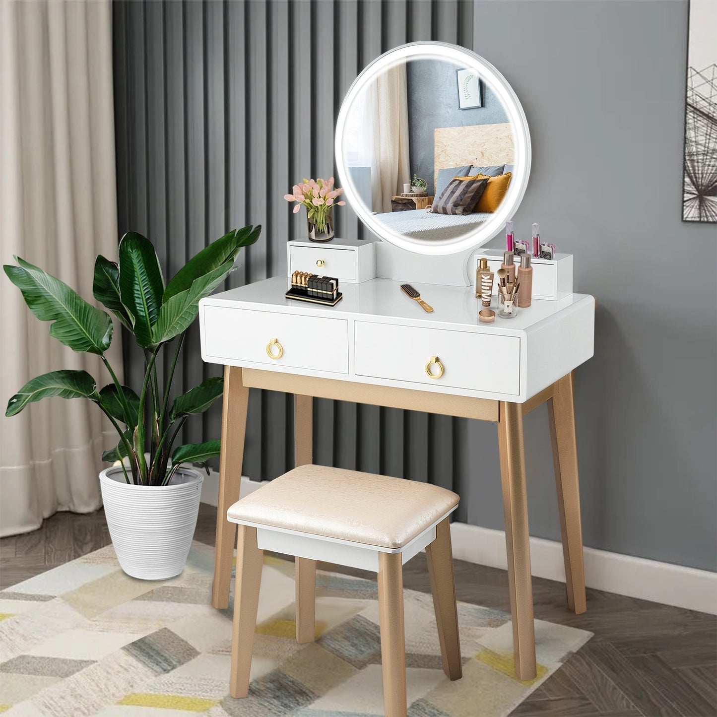 Set 3 Makeup Vanity Table Color Lighting Jewelry Divider Dressing Table, White at Gallery Canada