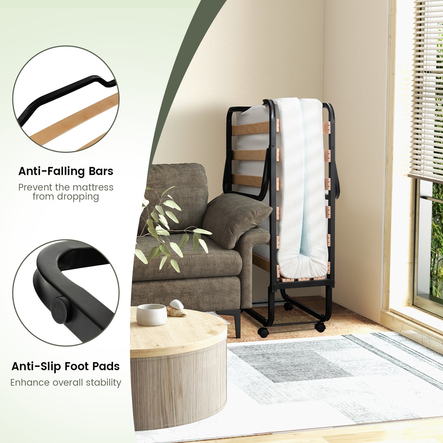 Twin Size Folding Bed, Foam Mattress, Lockable Wheels, Black, White Folding Beds at Gallery Canada