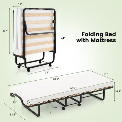 Twin Size Folding Bed with Foam Mattress and Lockable Wheels, Black & White