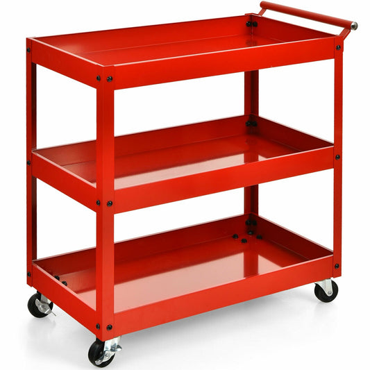 3-Tier Utility Cart Metal Mental Storage Service Trolley, Red