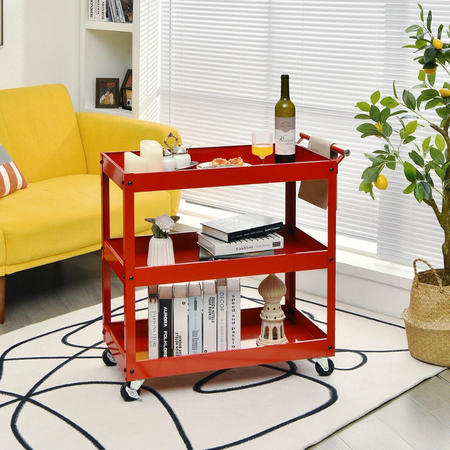 3-Tier Utility Cart Metal Mental Storage Service Trolley, Red at Gallery Canada