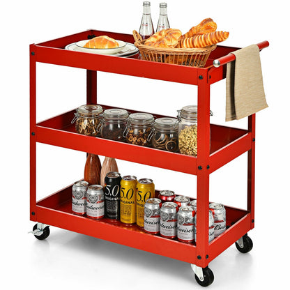 3-Tier Utility Cart Metal Mental Storage Service Trolley, Red at Gallery Canada