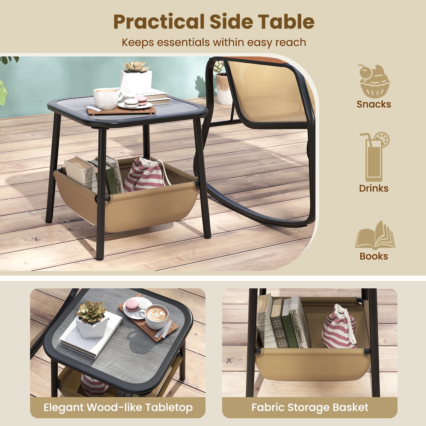 3 Piece Rocking Bistro Chairs, Side Table Set, Storage Bag, Brown Patio Conversation Sets at Gallery Canada