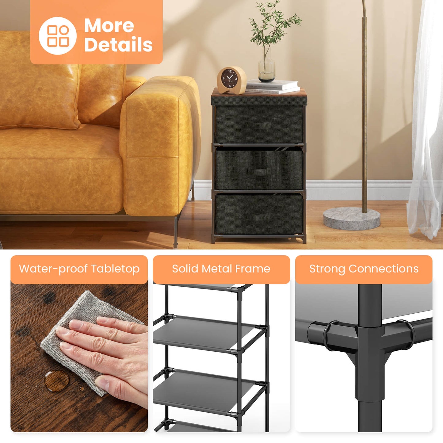 3-Tier Fabric Nightstand with Sturdy Metal Frame, Black Nightstands at Gallery Canada