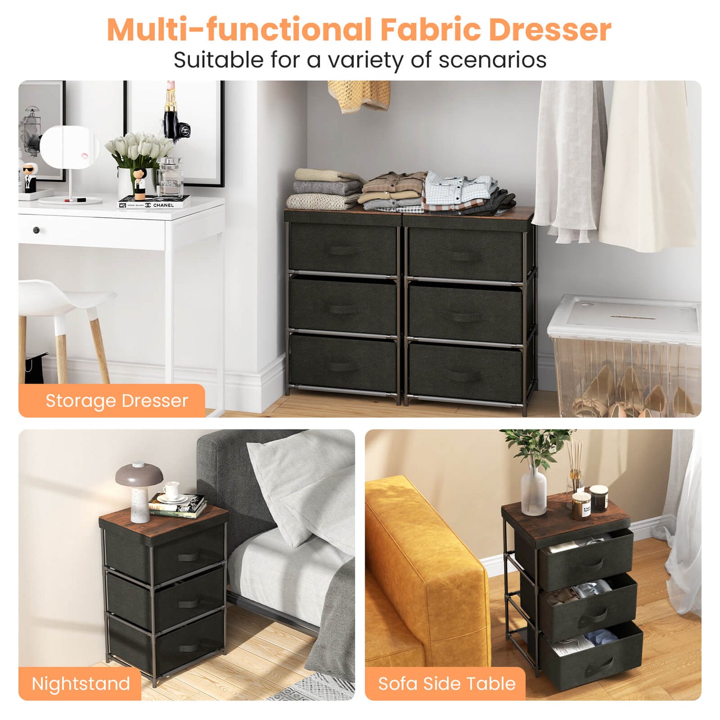 3-Tier Fabric Nightstand with Sturdy Metal Frame, Black