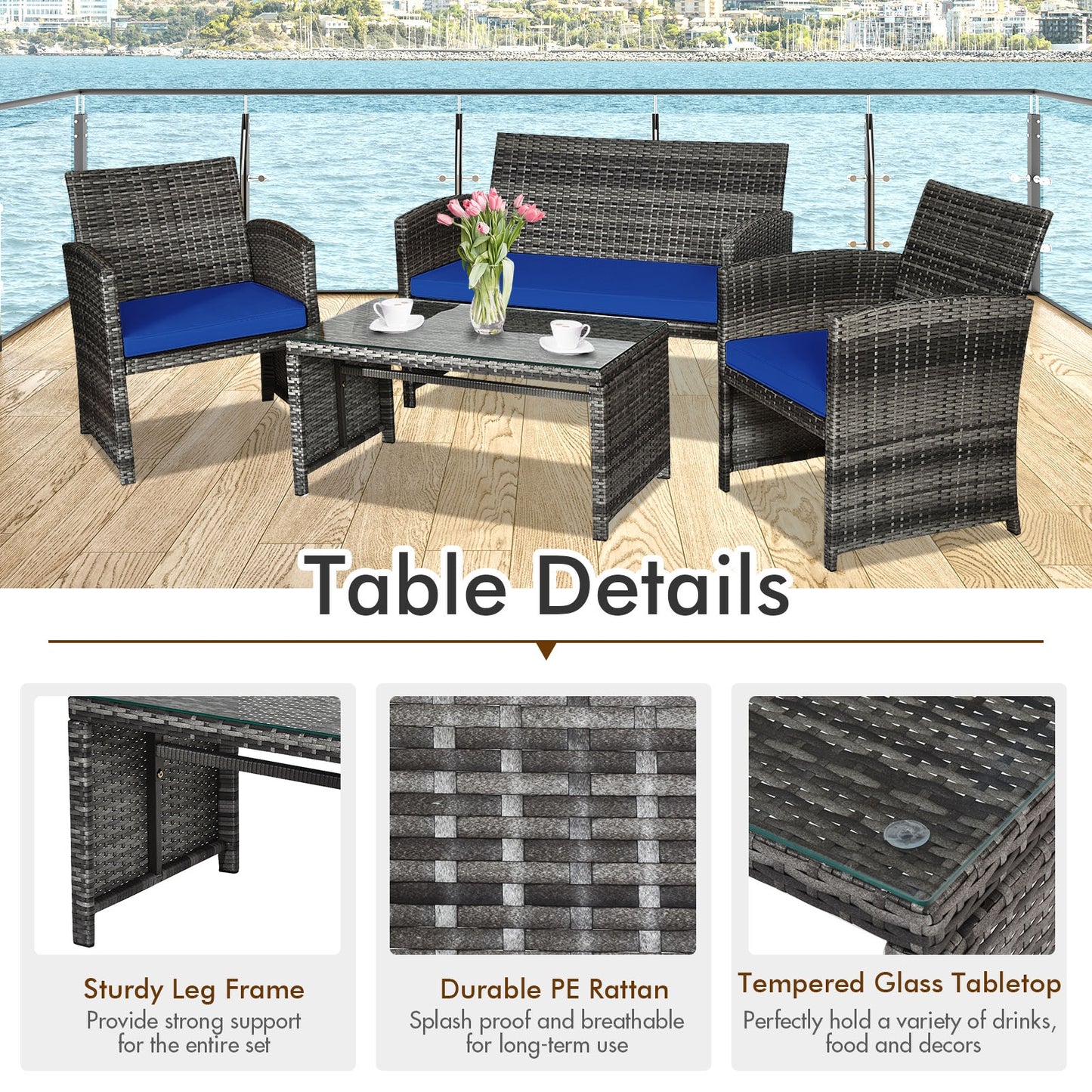 4 Piece Patio Rattan Furniture Set, Glass Table, Loveseat, Navy Patio Conversation Sets at Gallery Canada