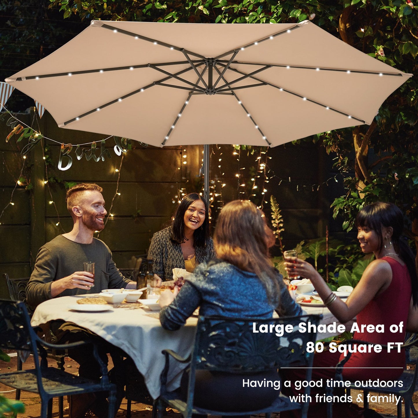 10 Feet Cantilever Umbrella with 32 LED Lights and Solar Panel Batteries, Beige