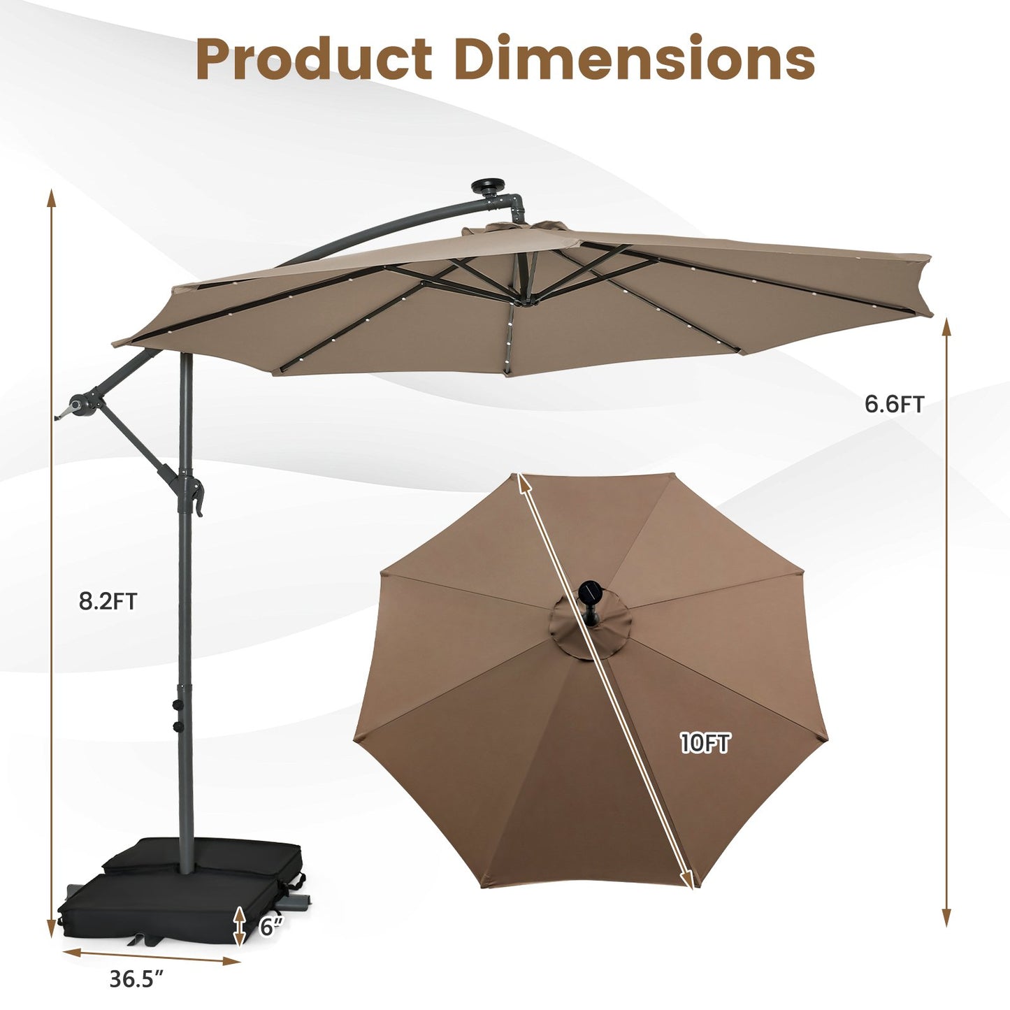 10 Feet Cantilever Umbrella with 32 LED Lights and Solar Panel Batteries, Tan