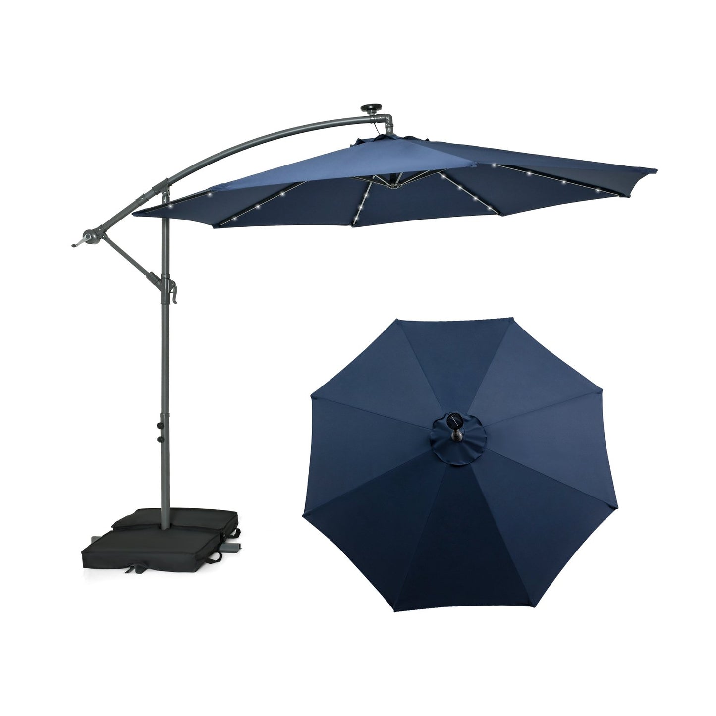 10 Feet Cantilever Umbrella with 32 LED Lights and Solar Panel Batteries, Navy