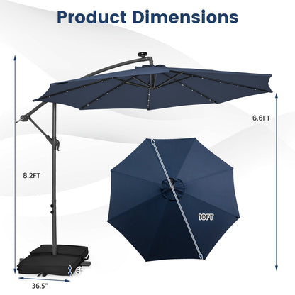 10 Feet Cantilever Umbrella with 32 LED Lights and Solar Panel Batteries, Navy