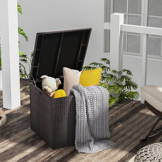 72 Gallon Rattan Outdoor Storage Box, Zippered Liner, Pneumatic Rod, Brown Sheds & Outdoor Storage Brown at Gallery Canada