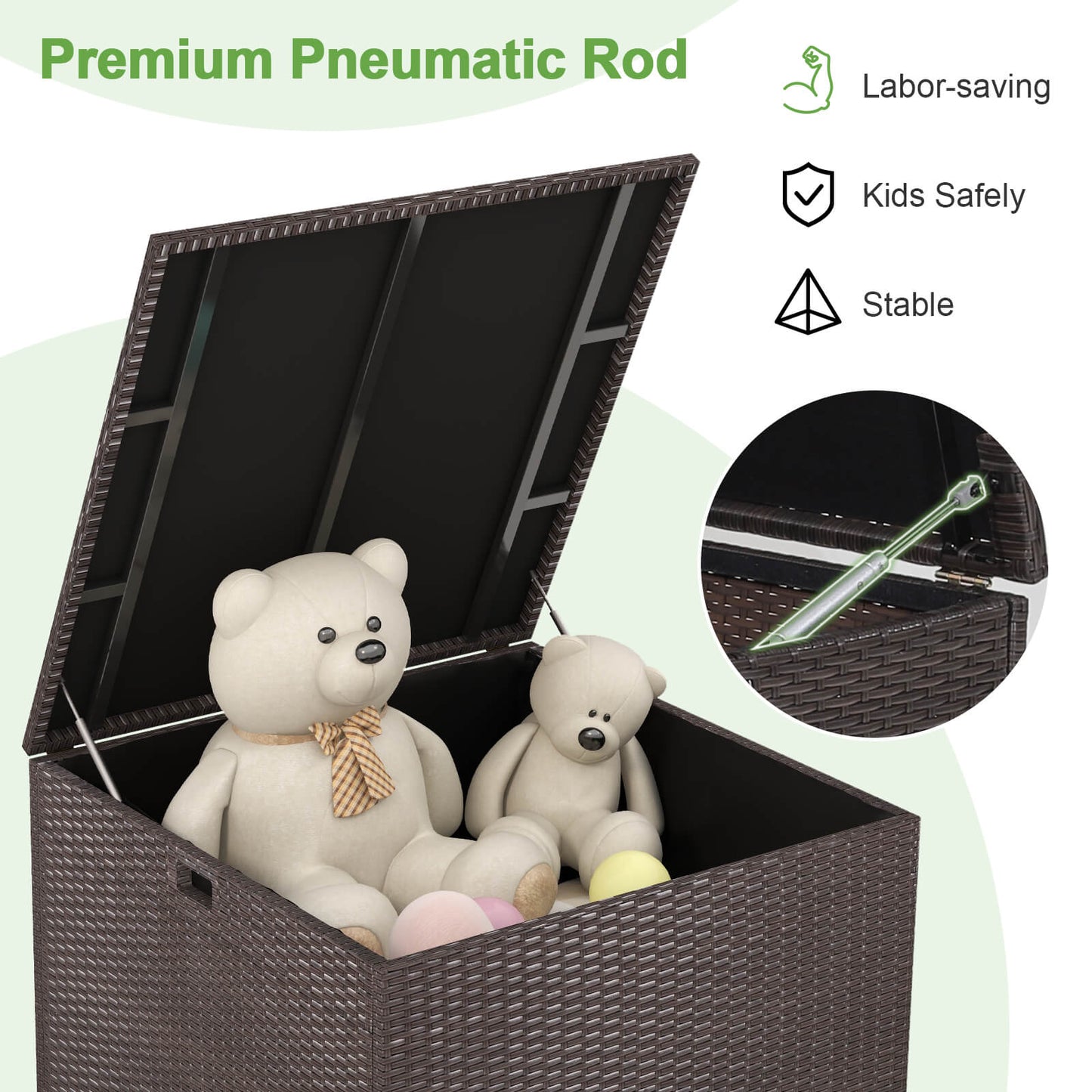 Boîte de rangement extérieur en rotin de 72 gallons, doublure à fermeture éclair, tige pneumatique, marron