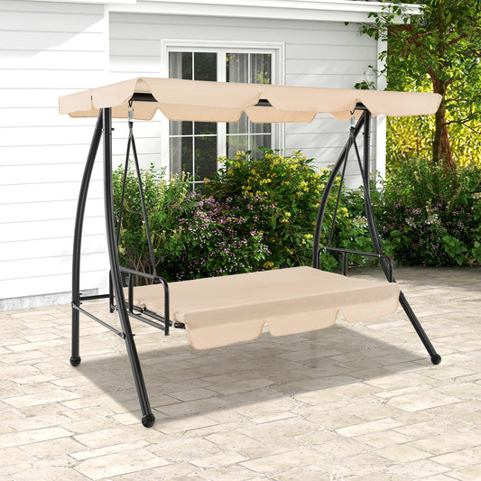2-Seat Outdoor Convertible Swing Chair, Flat Bed, Adjustable Canopy, Beige Patio Rocking Chairs & Gliders Beige at Gallery Canada
