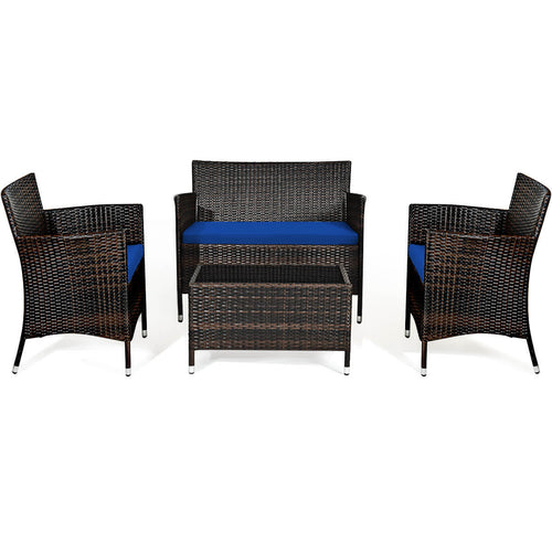 4 Pieces Rattan Sofa Set with Glass Table and Comfortable Wicker for Outdoor Patio, Navy
