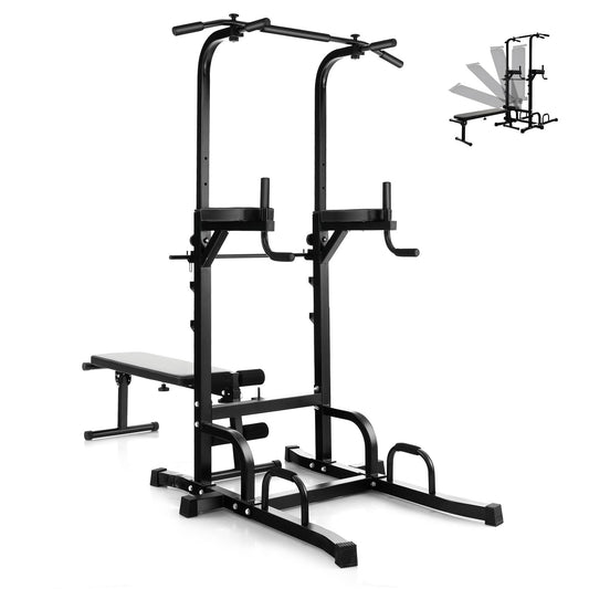 Power Tower Pull Up Bar Stand with Adjustable Heights and Bench, Black